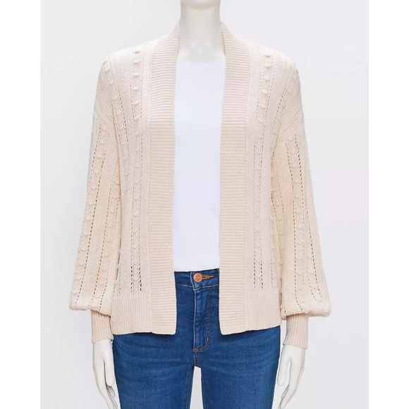 LOFT Sweaters - LOFT Bobble Cardigan Beige Open Front Long Balloon Sleeves Open Knit Size S